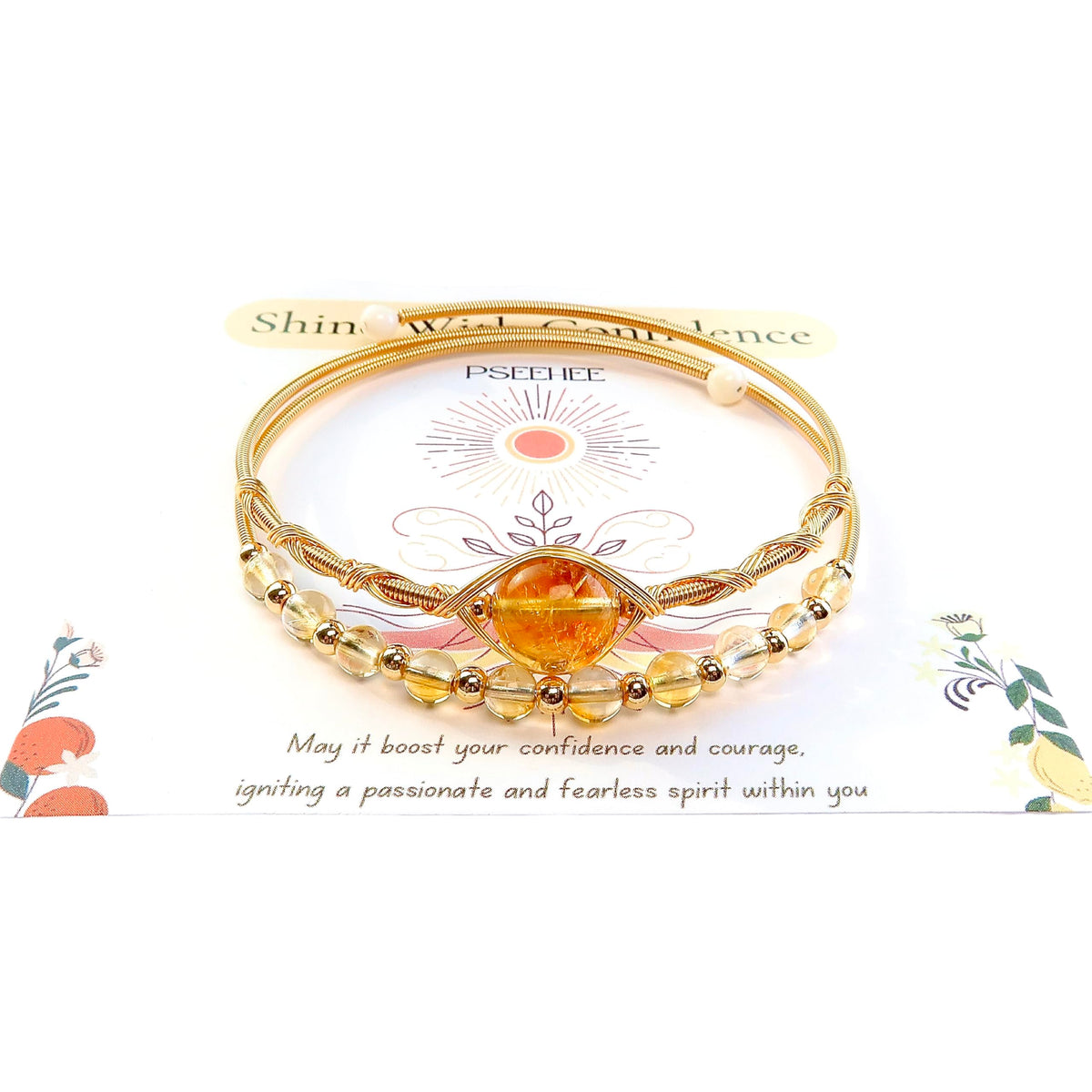 PSEEHEE Handmade Genuine Citrine Crystal Double Layered 14k Gold Filled Wire Wrapped Bracelet, Birthstone Chakra Healing Gemstone Crystal Beads Adjustable Bangle Cuff Jewelry Gift for Women