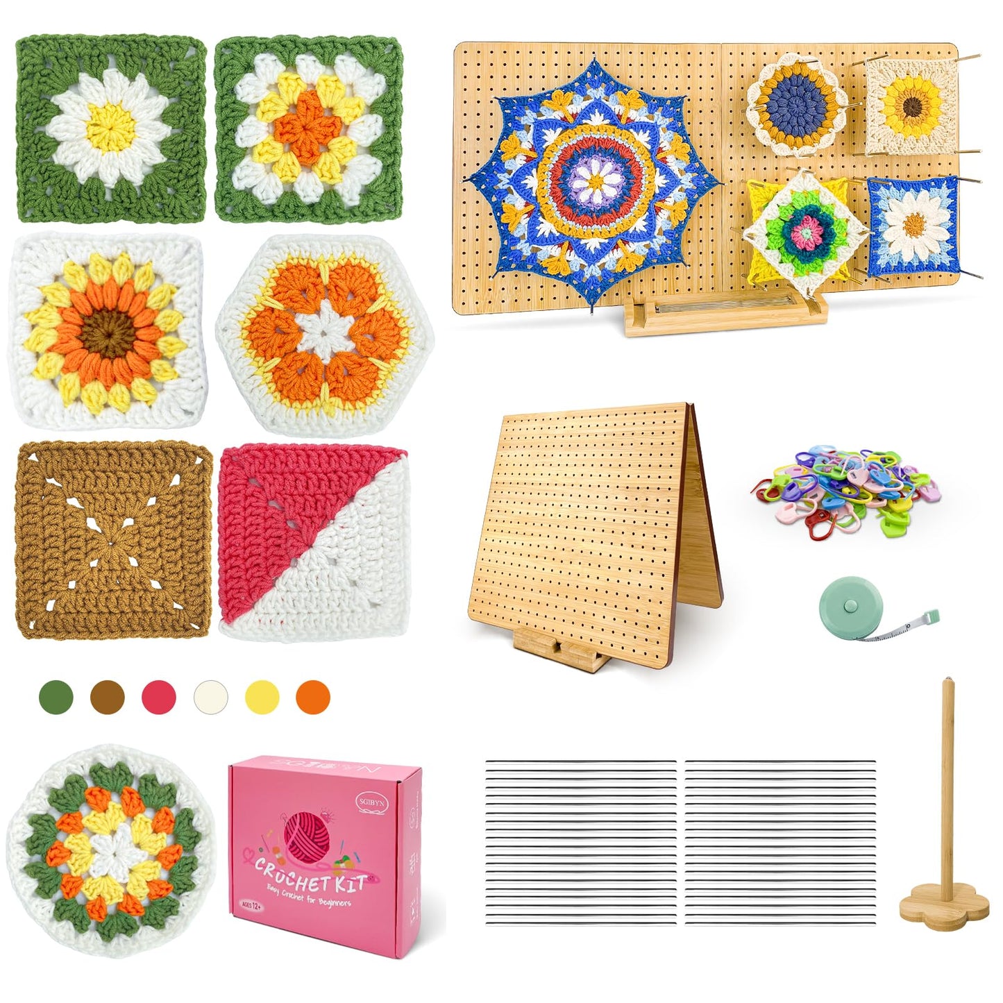 Crochet Granny Square Kit & Blocking Board Bundle