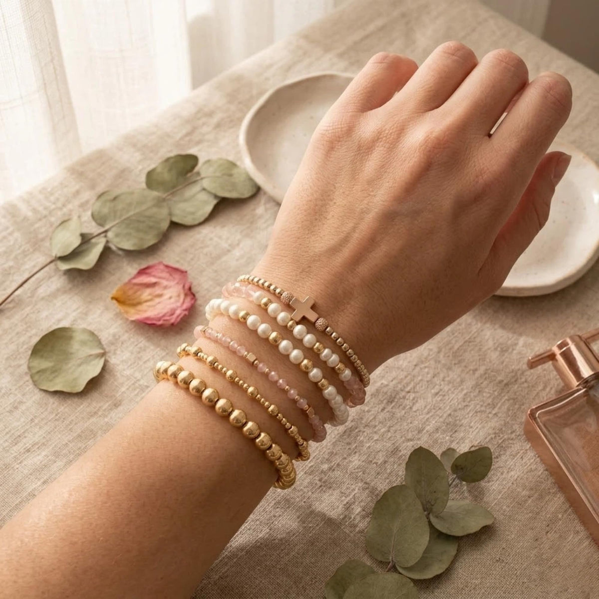 NoctisNest 6 Pcs Layered Cross Bracelet for Women, Pink Gold Stackable Pearl Beaded Bracelets for Her Mom Girlfriend, Dainty 14K Gold Plated Bracelet Set for Mothers Day Gifts