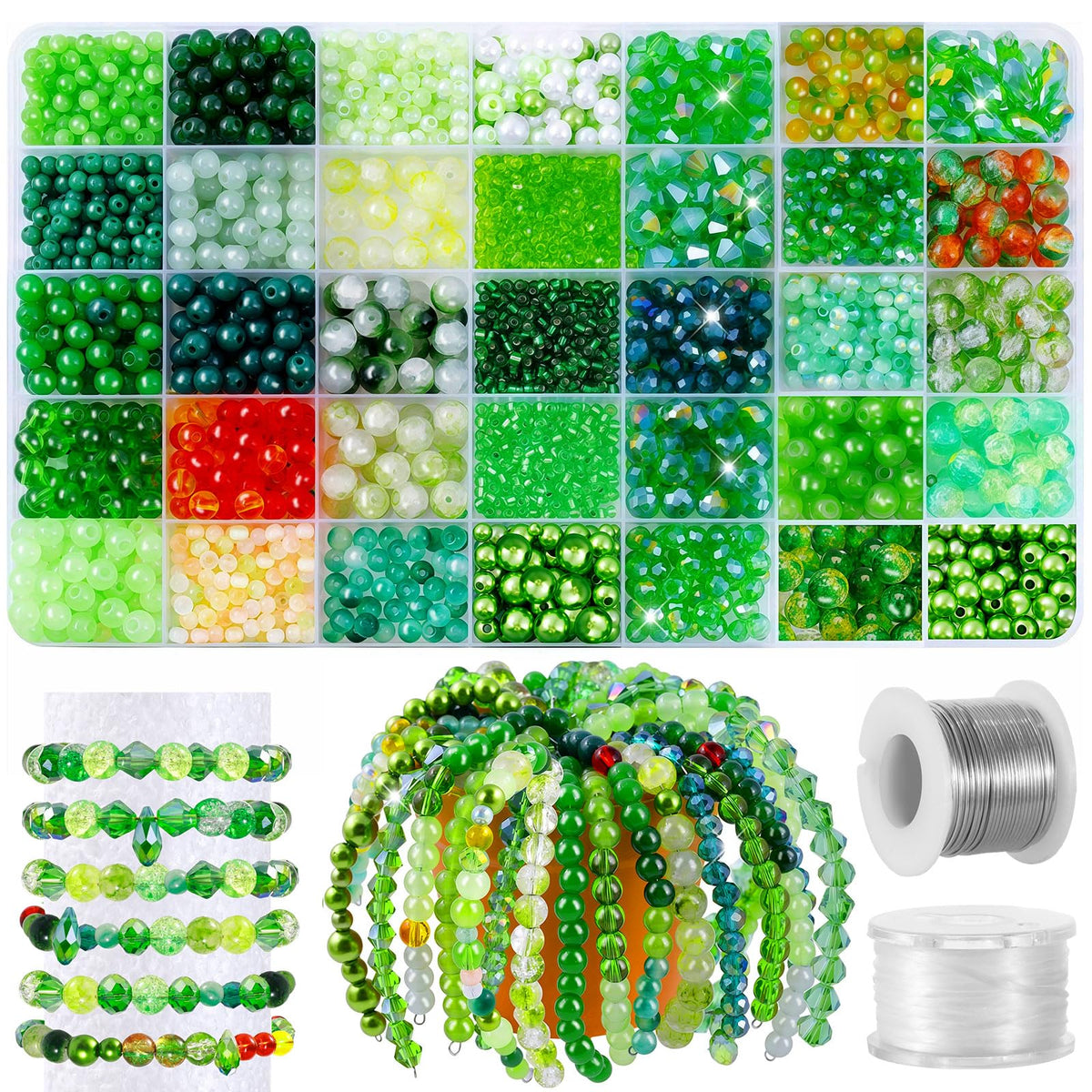 2102 Pcs Green Glass Beads for Bracelets with Elastic String,Green Beads for Beaded Plants,6mm Glass Beads for Jewelry Making Crystal Round Beads for Bracelet Necklace Beaded Plant DIY Crafts