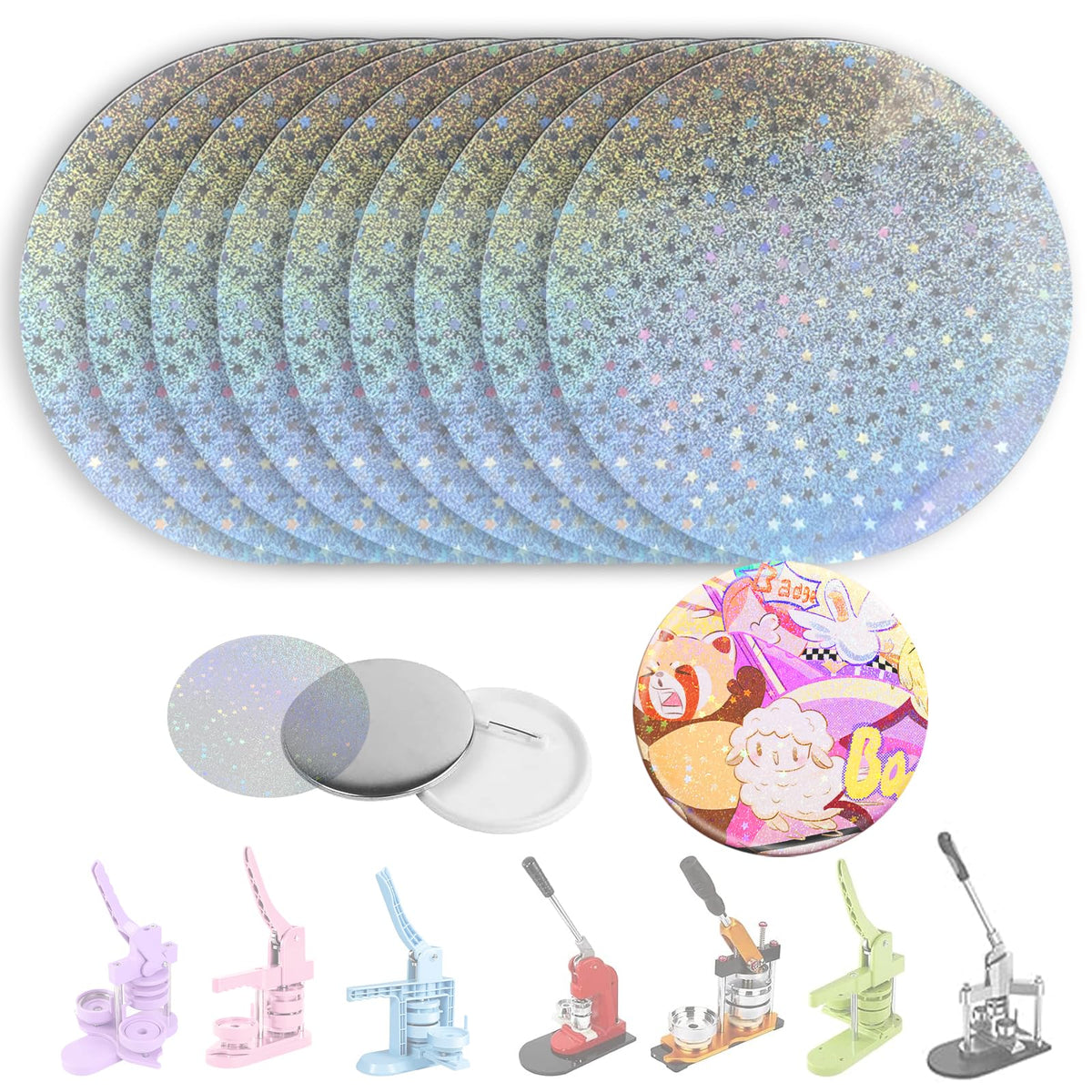 200 PCS Badge Film for Your 58mm / 2.25 in (Approx. 2-1/4 inch) Round Button Maker Machine，8 Different Holographic Button Making Supplies Film (200pcs Sand Star for 2.25inch Badge)