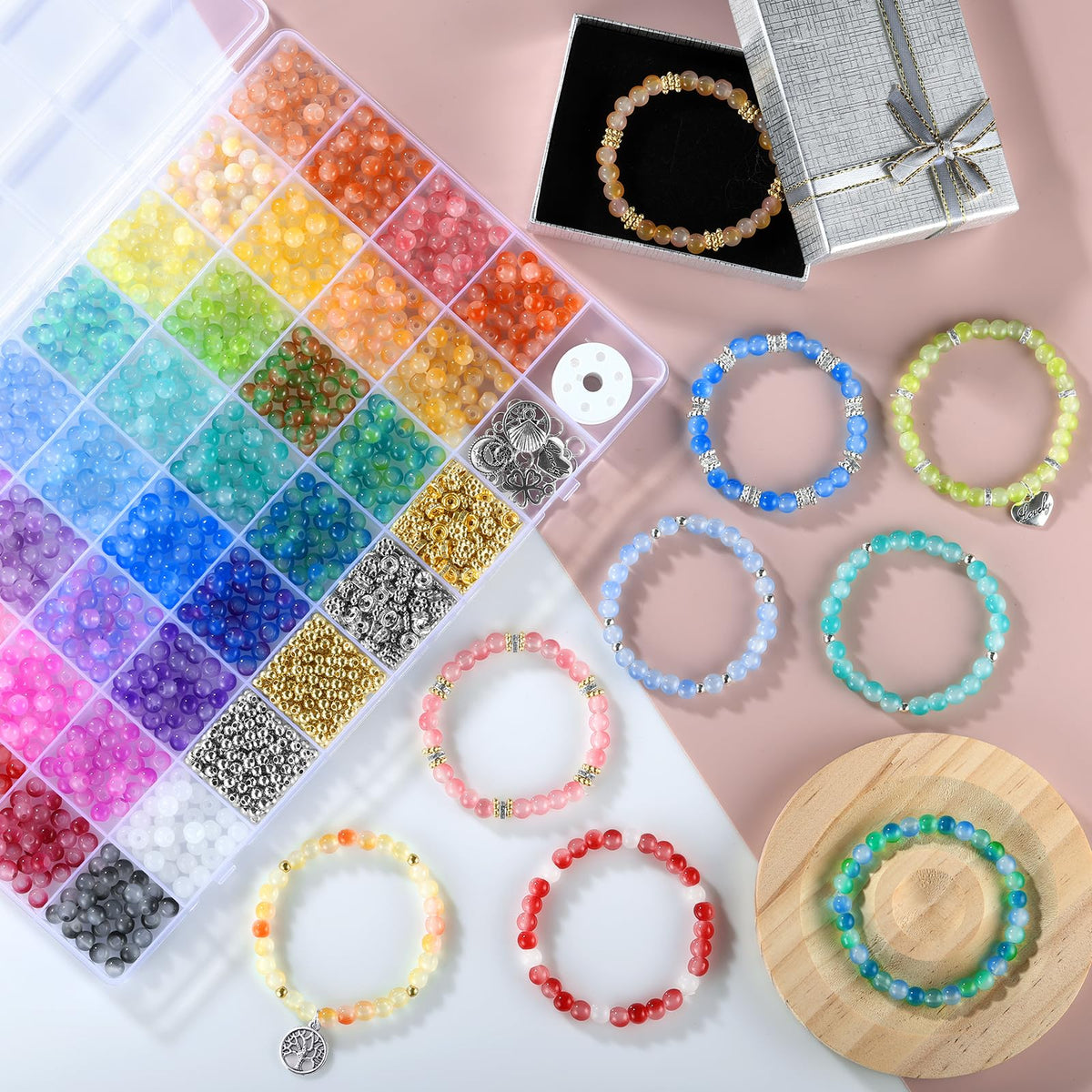 Funtopia 6mm Glass Beads Bracelet Making Kit, 1396pcs Gradient Glass Beads for Bracelets, 34 Colors Round Crystal Beads for Bracelets DIY Crafts with Spacer Beads and Charms