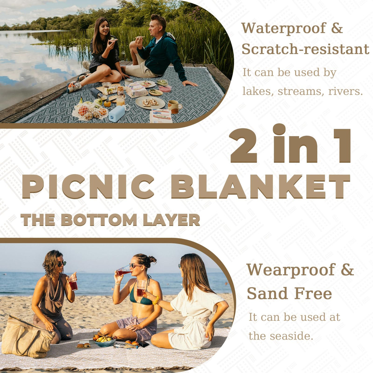 Genovega 2 in 1 Extra Large Rug Outdoor Picnic Blanket Waterproof Woven Boho Mat Giant Beach Towel Travel Essential Yoga Accessories Park Patio Lawn Garden Ground Music Festival Concert Must Have