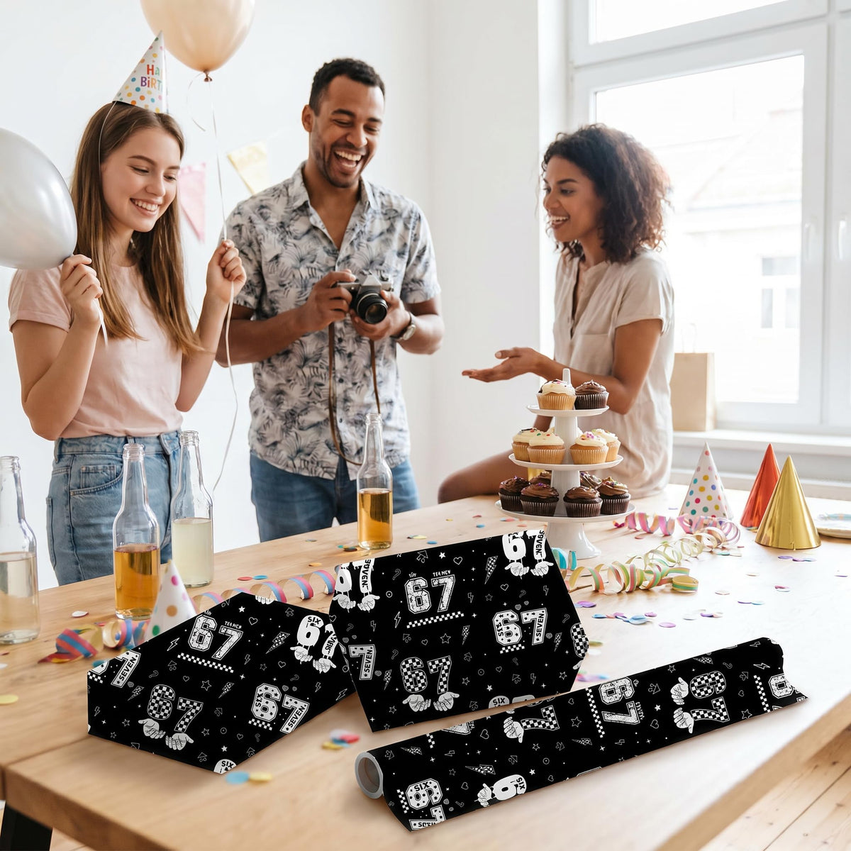 Joviwrap 6 7 Funny Number Wrapping Paper Roll, Black White Graffiti Style Wrapping Paper with Checkered Pattern, Playful Humor Design for 6 7 Fans Teens Birthday Party Supplies, 17 In x 16.4 Ft