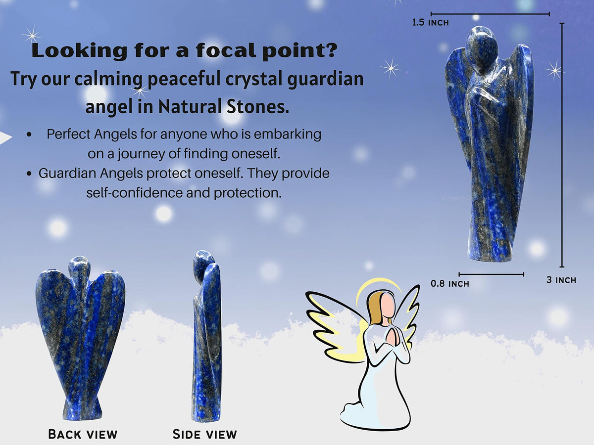 Amazing Gemstone Lapis Lazuli Crystal Guardian Angel Figurines Ornament for Healing Birthstone, Decoration Statue (Hand Carved Pocket Gemstone Angel) (3 inch)
