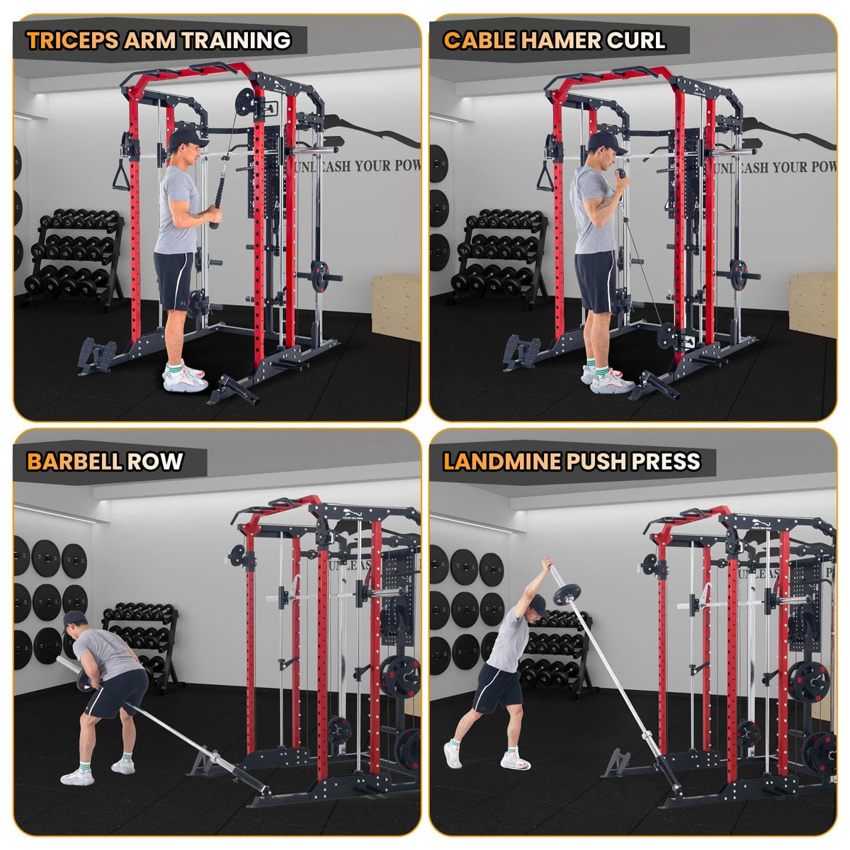 Patikuin Heavy-Duty Power Cage Smith Machine – Multi-Functional Comprehensive Home Gym Rack with Cable Crossover, Dual Pulley, LAT Pulldown, Dip Bars, Tricep Rope – Space-Saving, Black-Red