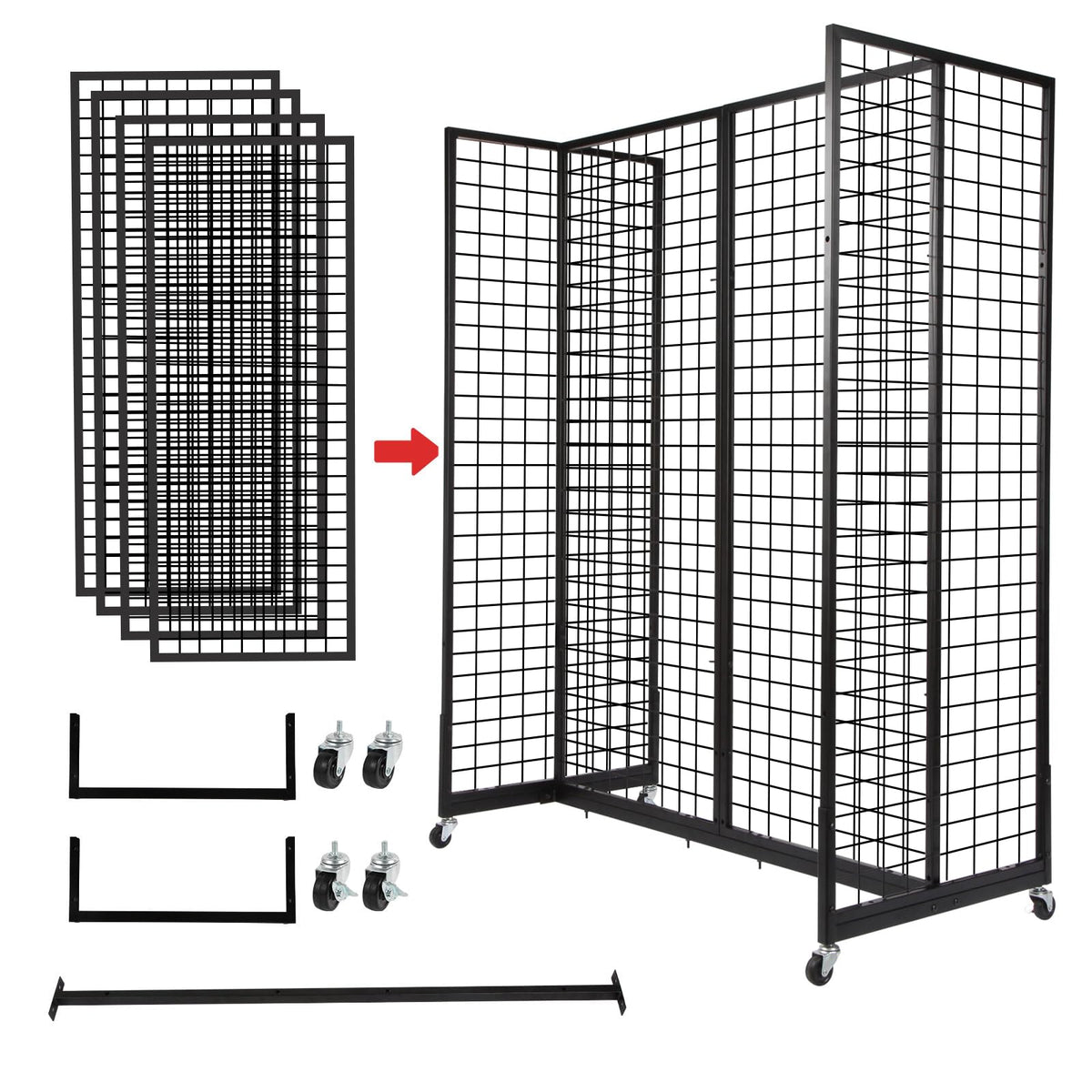 NectaCol Grid Gondola Unit, 4pcs 2'x 5' Grid wall Panels with Sturdy Frames, Gridwall Display Stand with Wheels, Craft Show Gridwall Display Rack, Art Display - Black