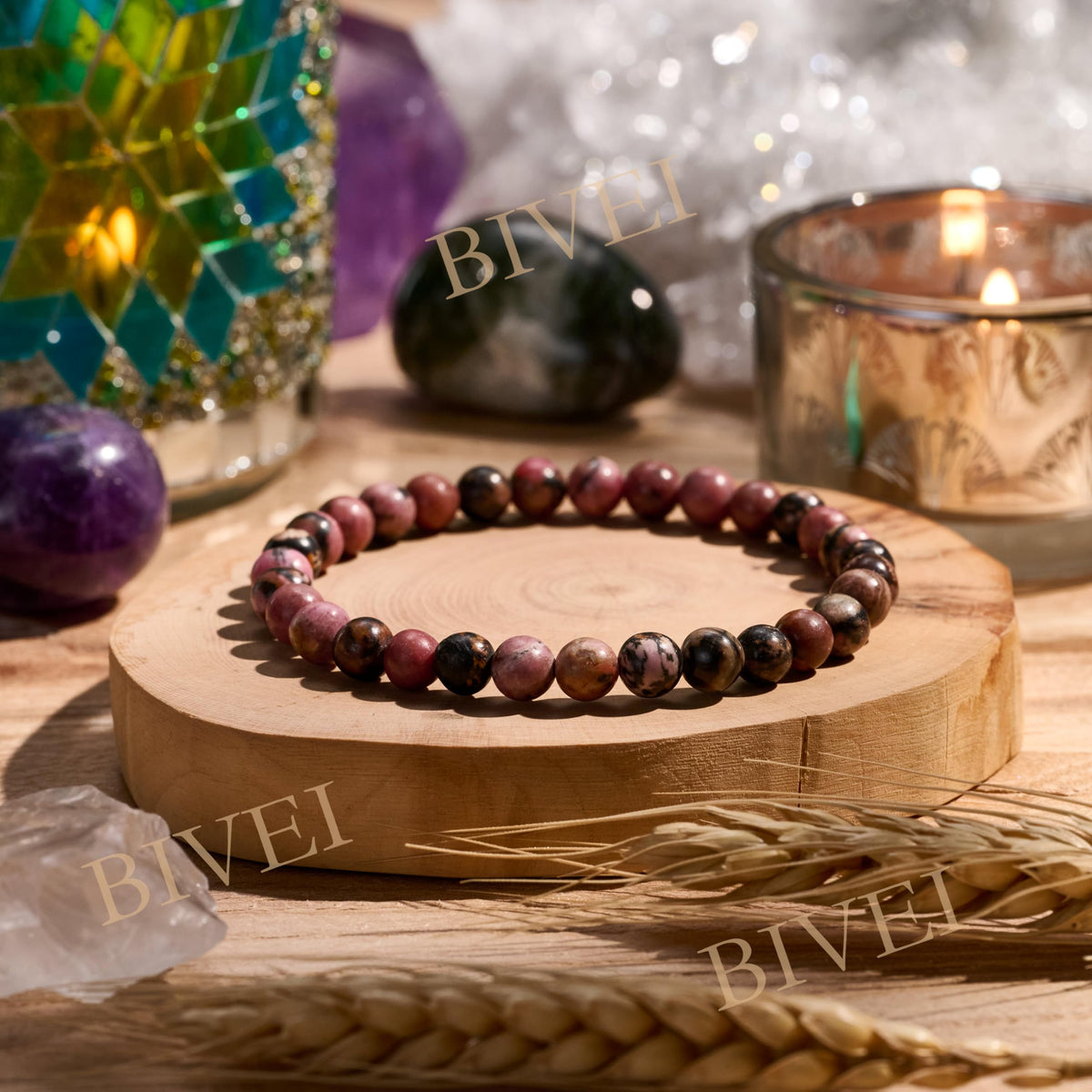 Bivei Rhodonite - Compassion - 6mm Beaded Bracelets for Women Handmade Semi Precious Natural Stone Stretch Elastic Jewelry for Women Yoga Protection Gifts Small
