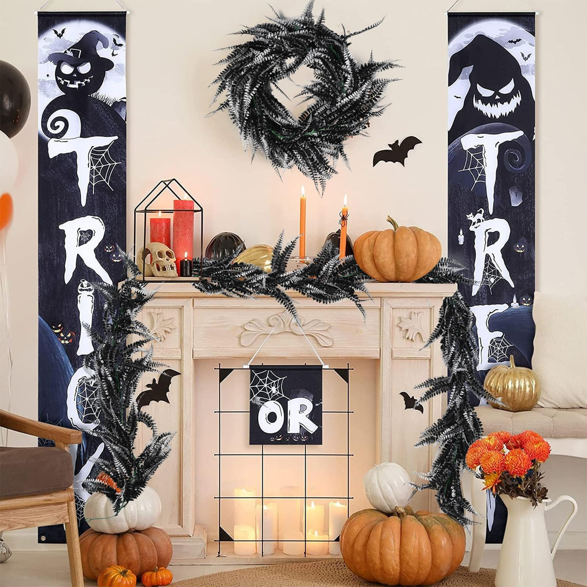 RECUTMS 2pcs Black Garland Artificial Boston Palnts 6 FT Fern Garland Faux Hanging Greenery Halloween Wreath for Outdoor Indoor Halloween Decor (Black White)