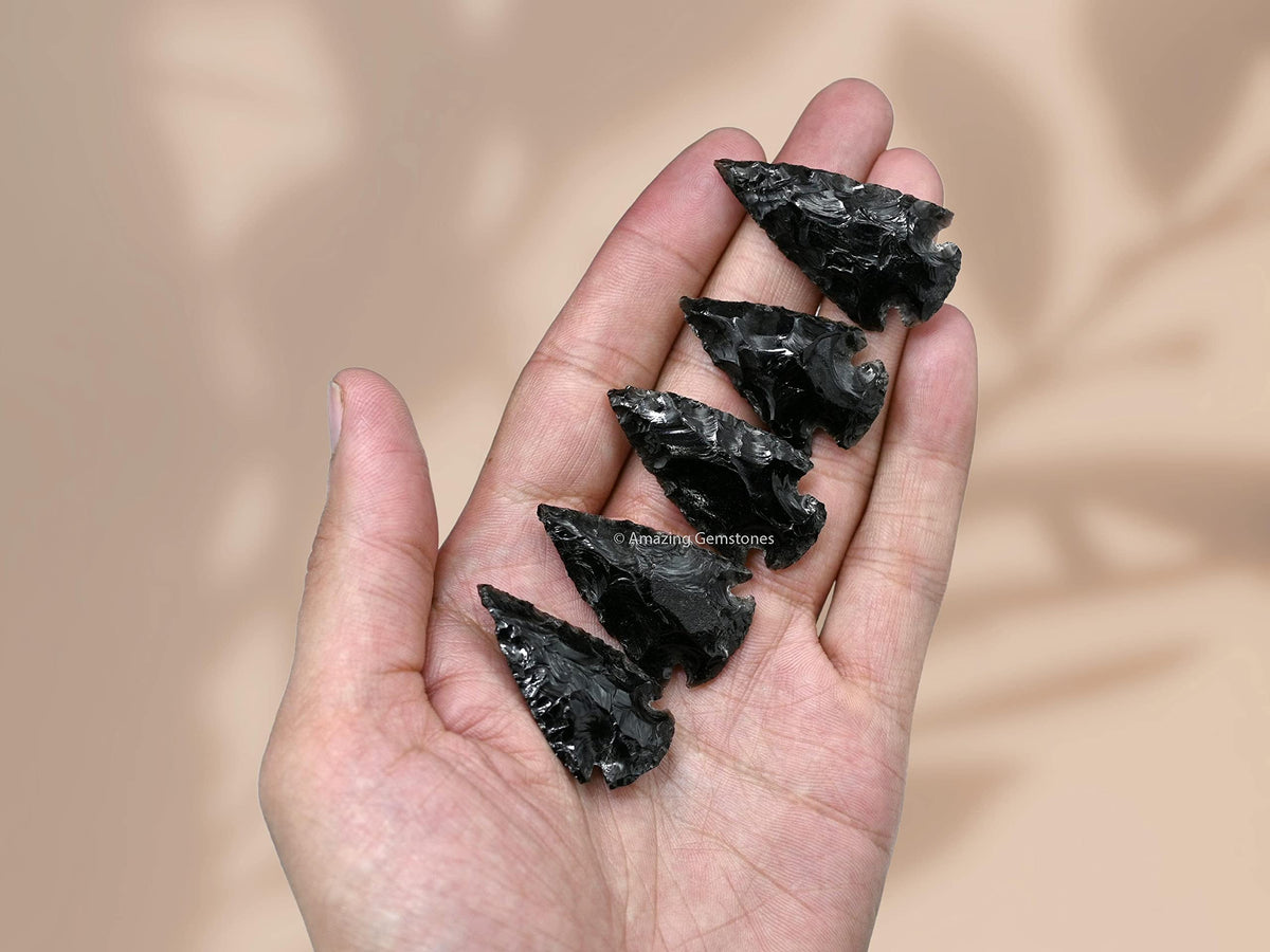 Amazing Gemstone 5 Pieces Black Obsidian Arrowhead, Crystal and Healing Stone Flint Rock Arrow Head - 1 to 1.5 Arrowheads for DIY Project Craft Point Jewelry Making
