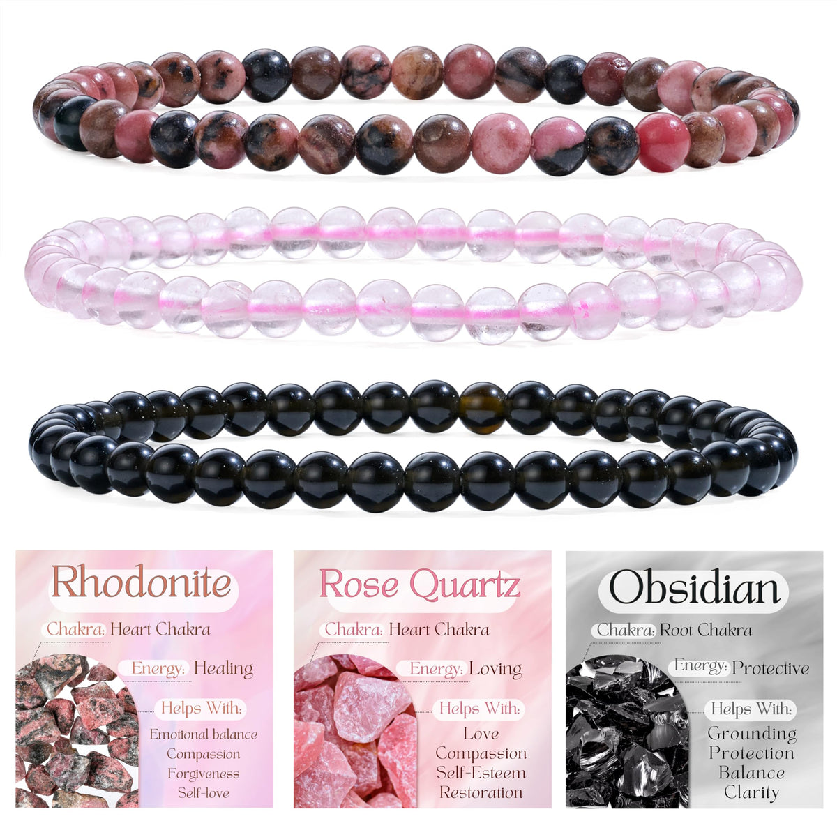 Bivei 3-Piece 4mm Beaded Bracelets for Women – Rhodonite, Rose Quartz, Black Obsidian – Handmade Natural Crystal Stretch Elastic Jewelry for Meditation, Yoga, Protection Gifts