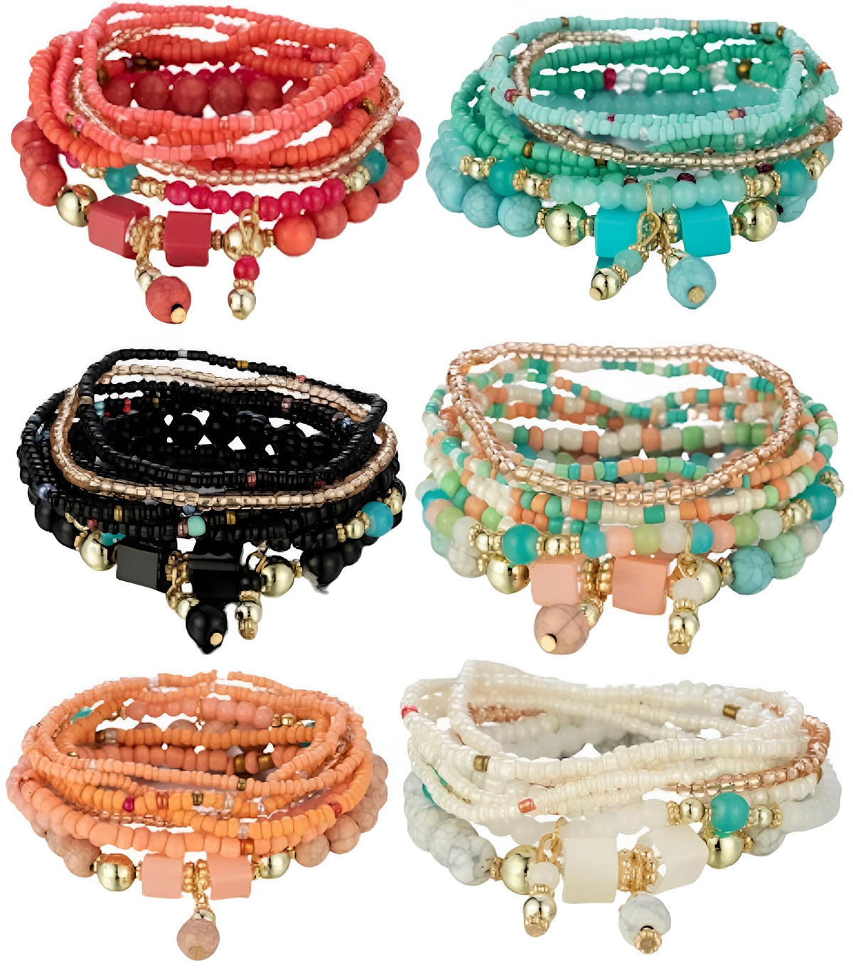 Boho Multilayer Stretch Beaded Bracelets for Women – Set of 6 Beaded Bracelet Colorful Rice Beads, Stackable Fashion Jewelry, Ideal for Festivals, Summer Parties, Beachwear, and Casual Outfits