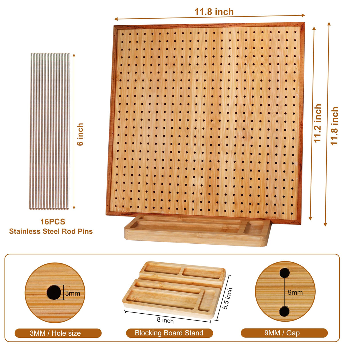 HHSarioneiro 11.8" Crochet Blocking Board with 16 Pins/Pegs, Granny Square Blocking Boards for Crochet Projects, Wooden Crocheting Accessories Gifts for Crocheters