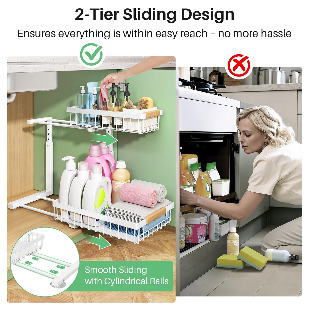 Kitstorack Under Sink Organizer, 2 Tier Under the Sink Storage, Slide out Pull out Cabinet Organizer Shelf, Metal Sliding Drawer for Kitchen Bathroom Pantry Closet Organization Rack, White, 2 Pack