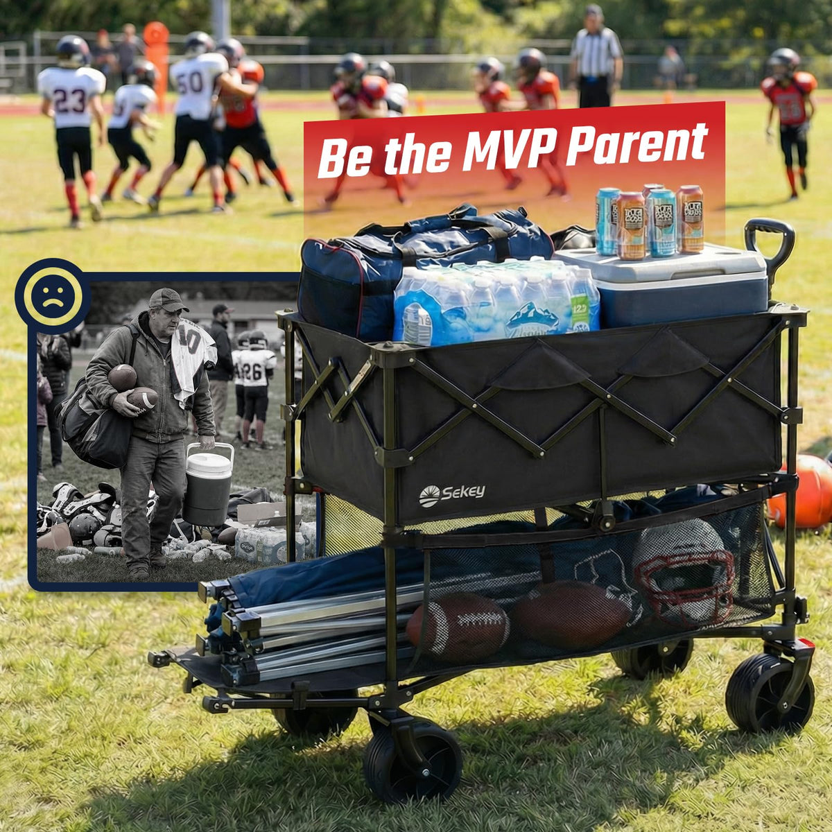 Sekey 500LBS Heavy Duty Double Decker Wagon with Extender, 400L Large Capacity Collapsible Garden Cart Fits 10x10 Canopy, All-Terrain Big Wheels with Brakes, Foldable Utility Wagon for Sports, Camping