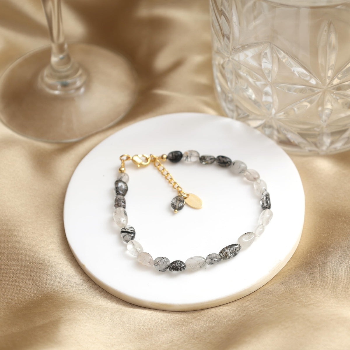 Gempires Gift Black Rutile Crystal Bracelets for Women, Beaded Bracelets, Oval Shape Crystals, Black Crystal Bracelets, Handmade, 8 inch 14k Gold Plated Adjustable Chain