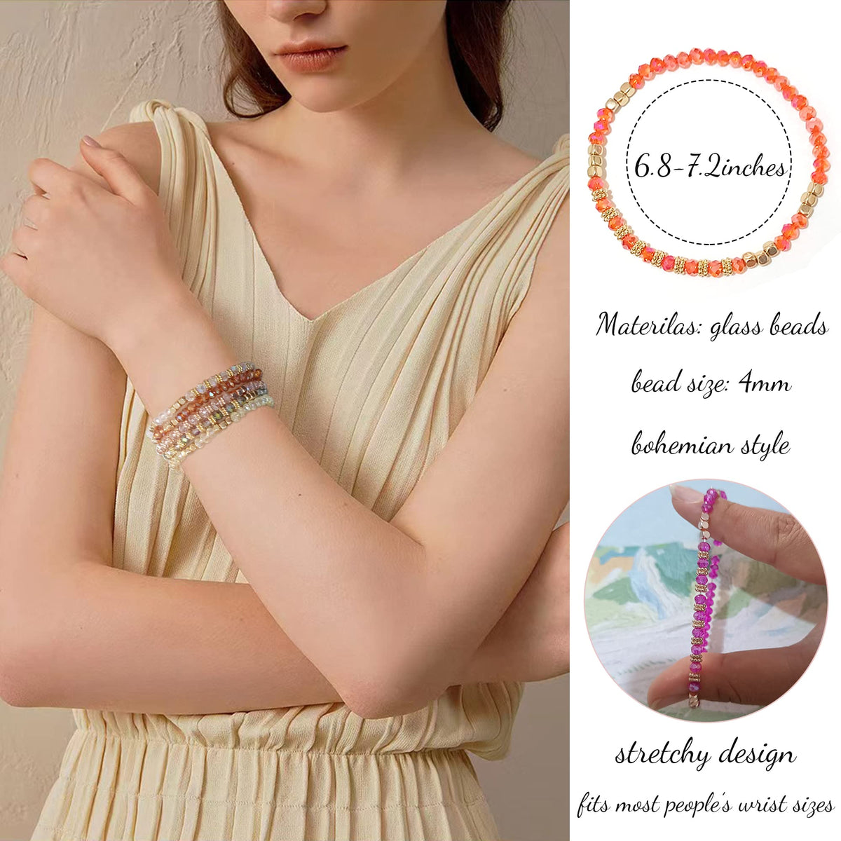 MOZAKA 26Pcs Boho Beaded Bracelets for Women Colorful Stackable Sparkly Crystal Beads Bracelets Multi-Layer Versatile Statement Bracelets Stretch Cuff Jewelry Gifts