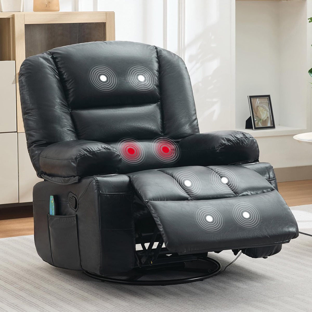 Rocker Recliner Chair with Heat and Massage,Nursery Recliner 360° Swivel Oversized Chairs for Adults,Chenille Lazy Boy Single Sofa Seat with 3 Positions,Side Pockets,Cup Holders for Living Room Black