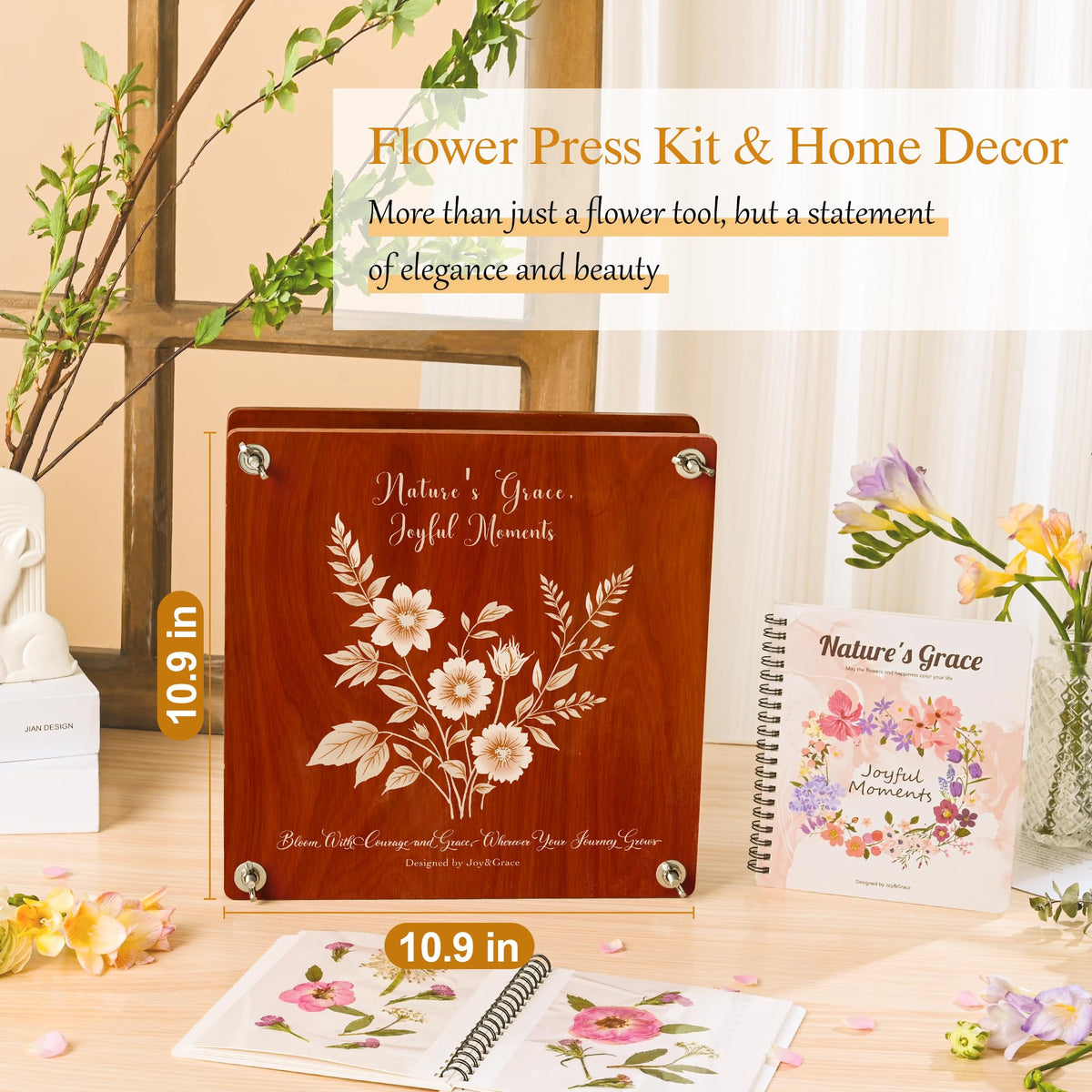 Joy&Grace Large Flower Press Kit for Adults with Designed Cover and DIY Album, 10.9" x 10.9" 10 Layers Plant Press and Plant Drying Toolkit, Flower Preservation Kit (Color Box, Mahogany Color)