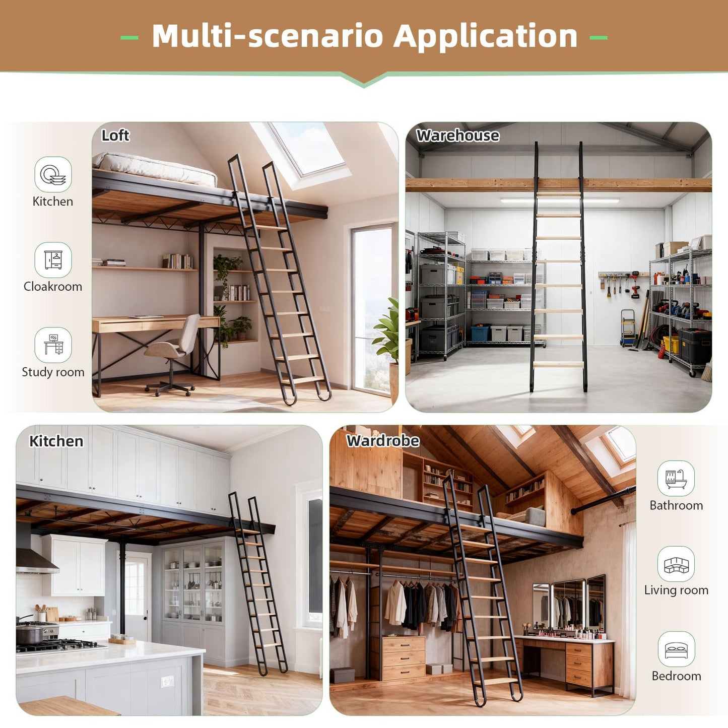 10.35FT Industrial Style Loft Ladder, 8 Steps with Black Steel Handrails & Solid Wood Steps, 450lbs Capacity, Fits 8.2-9FT Installation Height,for Attic, Kitchen, Warehouse, Bookshelf& Outdoor