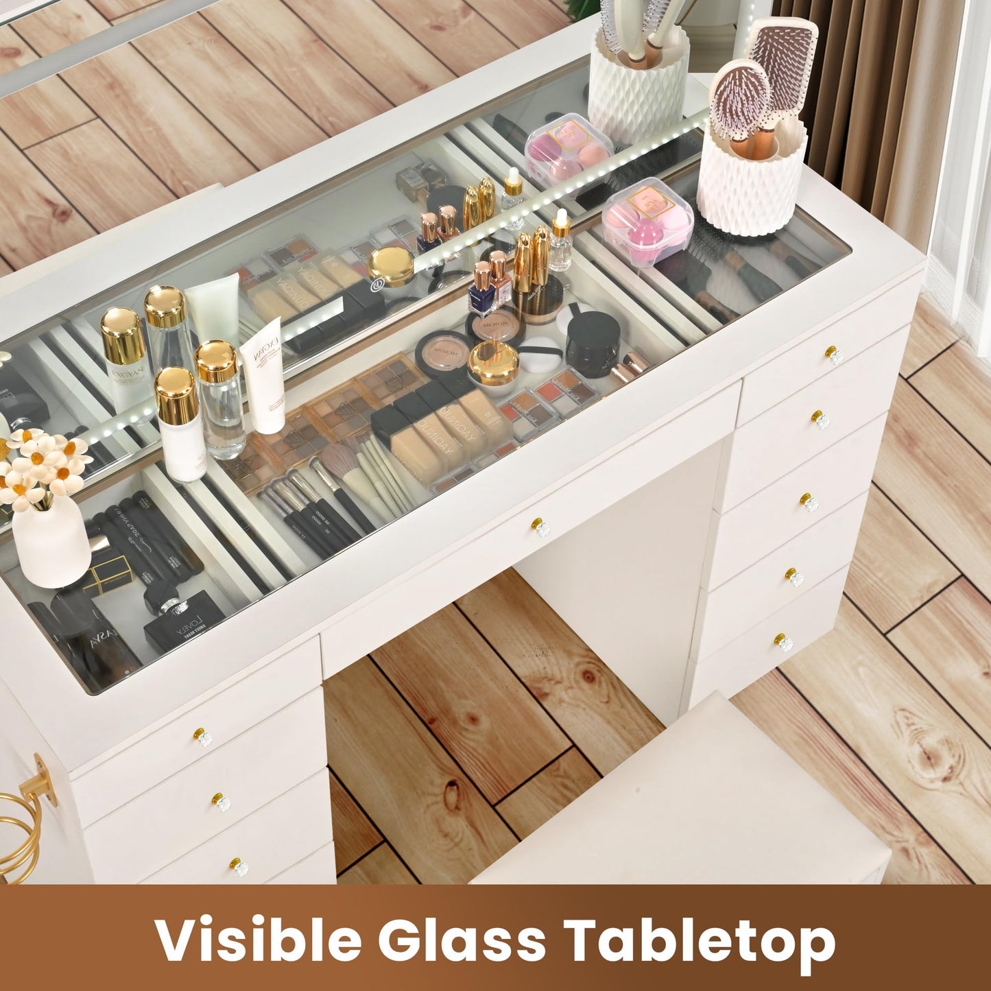 Pamapic Glass Top Makeup Vanity with Crystal Handles, 11 Drawers Vanity Desk with Mirror and Stool, 3 Lighting Modes Dressing Table with Charging Station, White