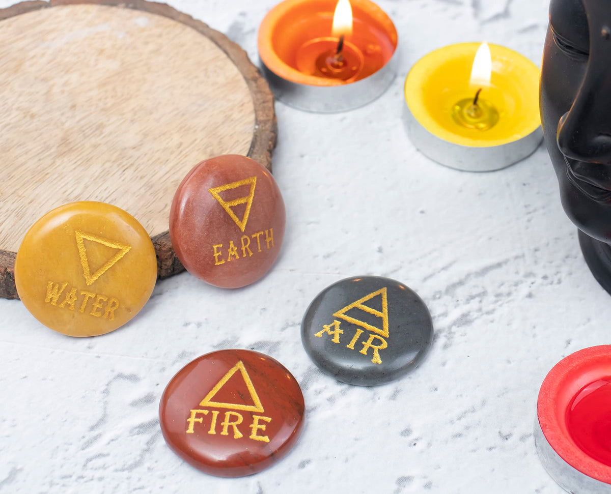 Crocon 4 Elements Assorted Stones Round Shape Engraved Triangle Symbols (Earth Air Fire Water) Polished Palm Stones for Gemstone Reiki Crystals and Healing Stones Meditation Divination Tools Gifts
