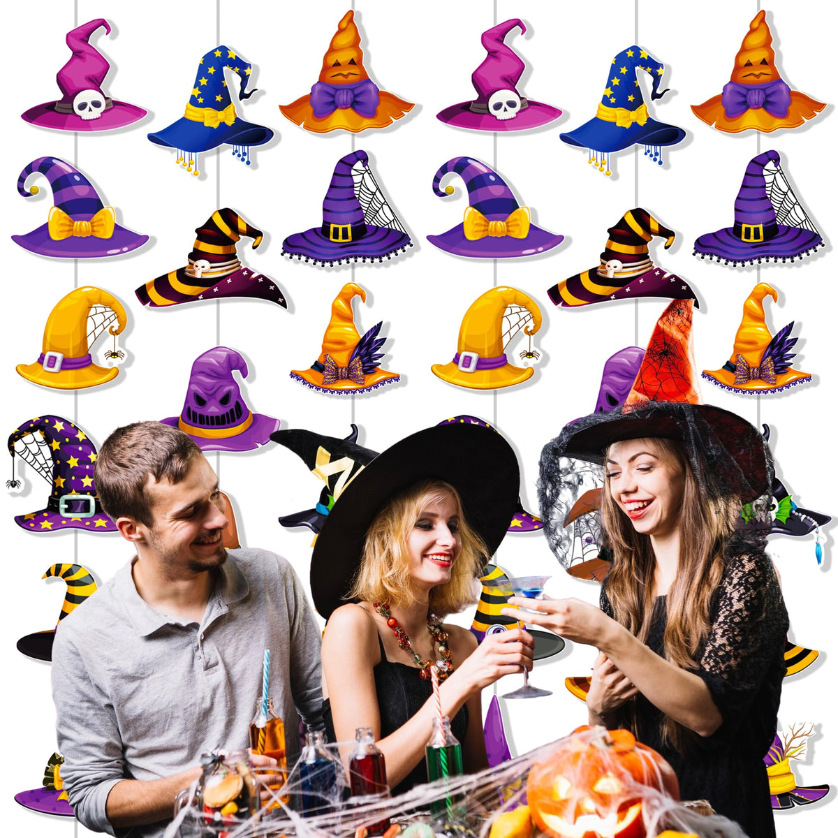 Halloween Witch Hat Garlands Halloween Party Supplies 8PCS Pre-Strung Witch Hanging Paper Garland Banners Wizard Hat Decorations for Spooky Theme Birthday Baby Shower Decor