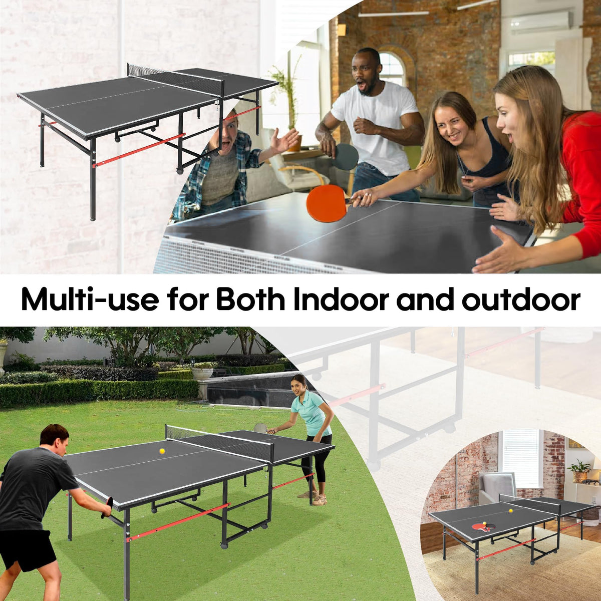 8FT Table Tennis Table with Net, Indoor/Outdoor Professional Ping Pong Table for Kids Adults, Folding Ping Pong Table, Complete Set with Paddles and Balls, School Playground Game Table (Black)