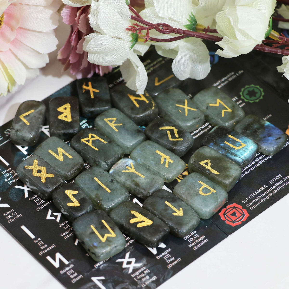 Crocon Labradorite Rectangle Shape Gemstone Rune Stones with Elder Futhark Alphabet Engraved 25 pcs Rune Set Crystal Divination Metaphysical Healing Chakra Reiki Runes Set with a Pouch Size: 21-26mm