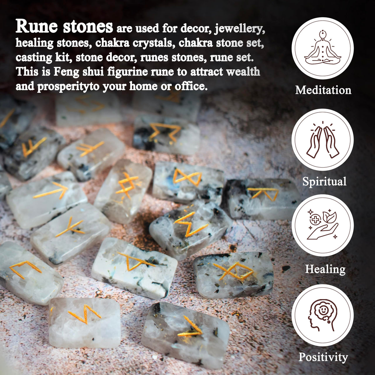 Crocon rectangle shape gemstone runes with Elder Futhark Alphabet Engraved |25 pcs rune set |Crystal Divination Healing Chakra Reiki set| with a pouch|Size: 20-25mm (Rainbow moonstone rune)