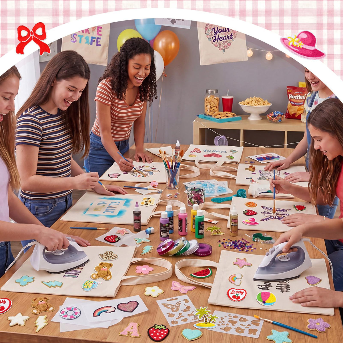 Meanplan 8 Pack DIY Canvas Tote Bag Bulk Tea Party Favors for Women with 119pcs Embroidered Patches Creative Craft Resuable Blank Canvas Bags DIY for Birthday Bachelorette Party Craft