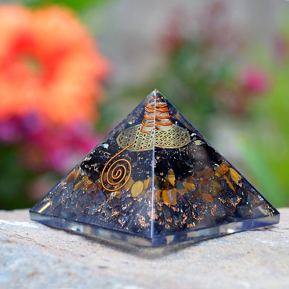 Orgonite Crystal Triple Protection Orgone Pyramid with Black Tourmaline, Tiger Eye and Hematite Crystal – Flower of Life Pyramid for Spiritual Healing, Meditation, Yoga, Reiki Gift, Office, Home Décor
