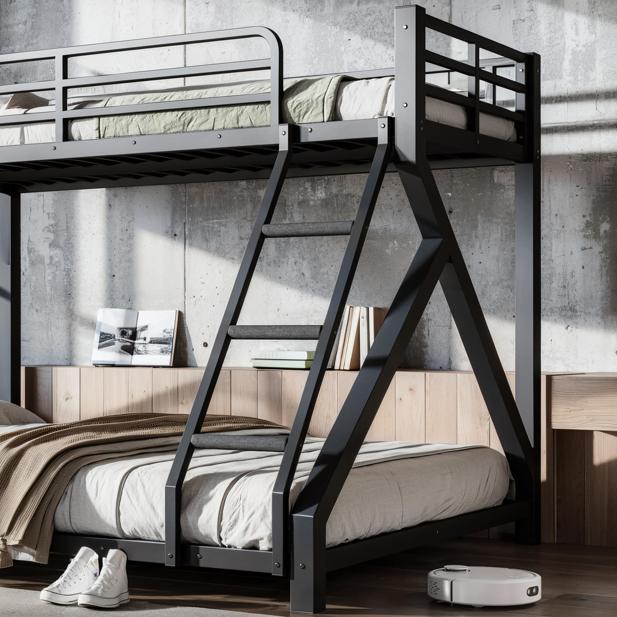 Bellemave Twin XL Over Queen Bunk Bed Frame with Noise Reduced Design, Low Profile Bunk Bed with Ladder and Fence, Heavy Buty Bunk Beds for Adults, Teens