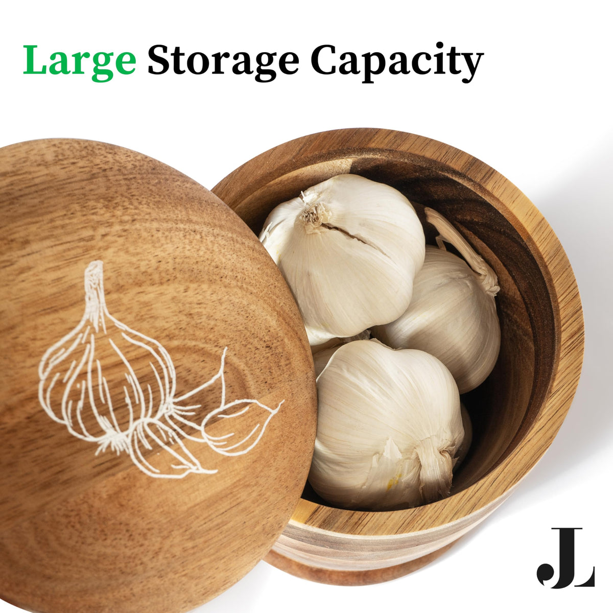Jean Lemond Introducing The Always Fresh Acacia Garlic Keeper For Counter. A Crafted Large Garlic Storage Jar. A Rustic Garlic Holder Container Pot Saver With Lid. (Large (Fits 5 Heads))