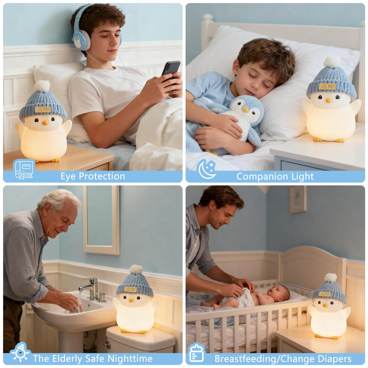 FAMIDUO Penguin Night Light for Kids, Adorable Penguin Lamp with Hat, Food Grade Silicone Nursery Nightlight, Rechargeable/Dimmable/Timer,LED Squishy Novelty Animal Bedside Lamp,Funny Gifts for Boys