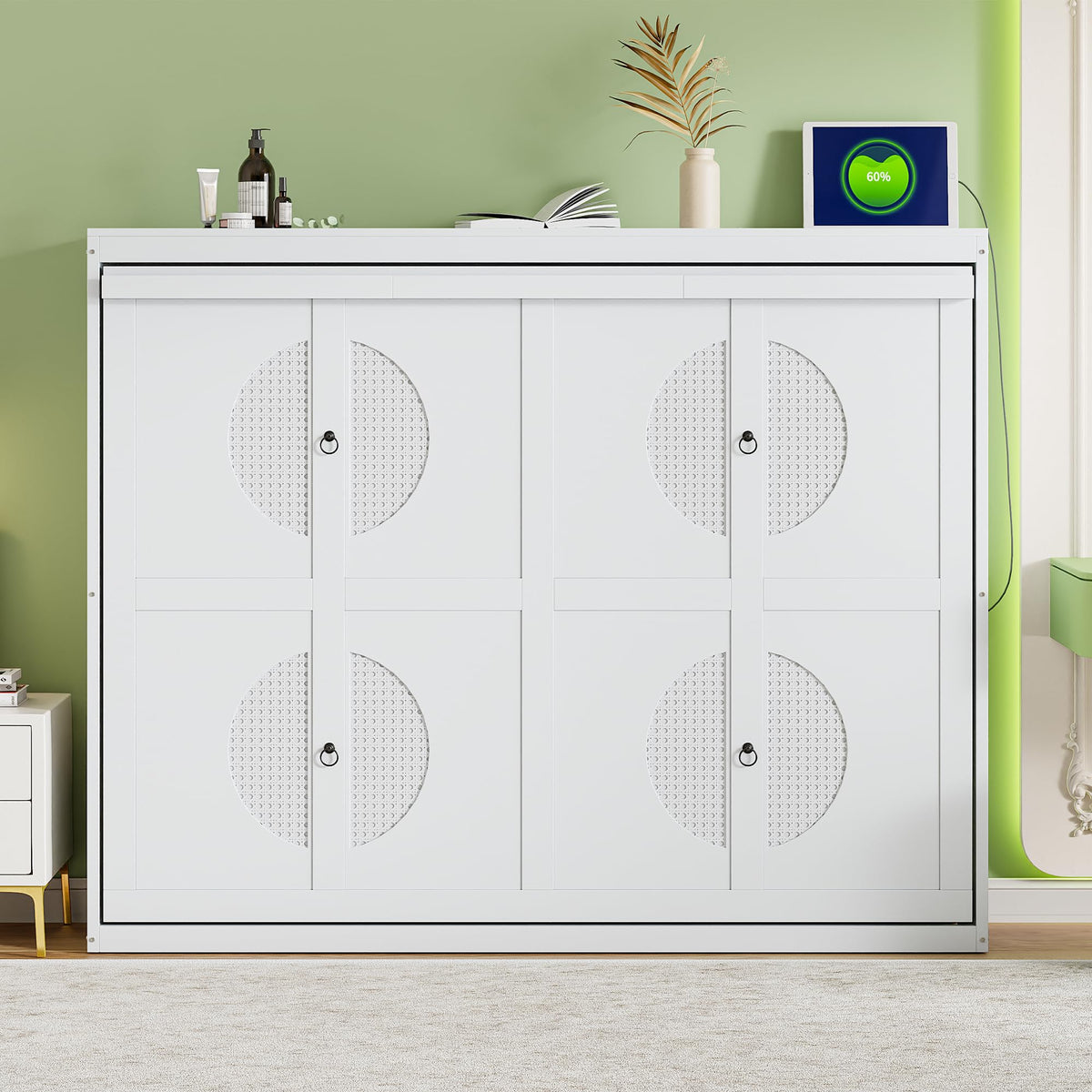 Ball & Cast Murphy Bed Queen Size Wall Chest with Charging Station and Slat Support,Wood Hideaway Cabinet Platform Bedframe w/Leg,can be Folded,Space-Saving,for Small Room,Dorms,White