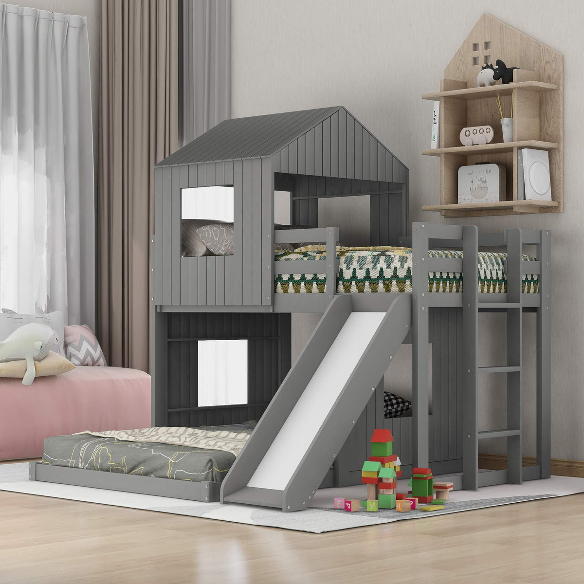 Twin Over Full Bunk Bed Frames with Slide, Safety Guardrails and Ladder for Teens, Girl or Boys, House Shape, Gray