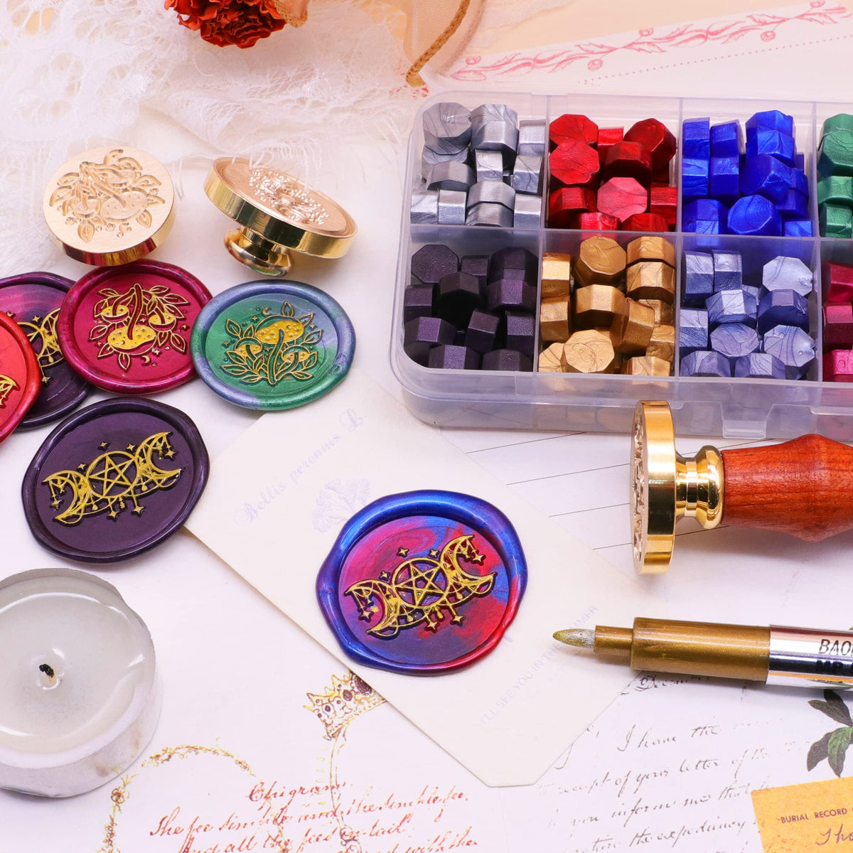 SWANGSA Triple Moon Goddess Wax Seal Stamp Kit with 200pcs Sealing Wax Beads, Great for Embellishment of Invitations, Wine Packages, Gift Idea