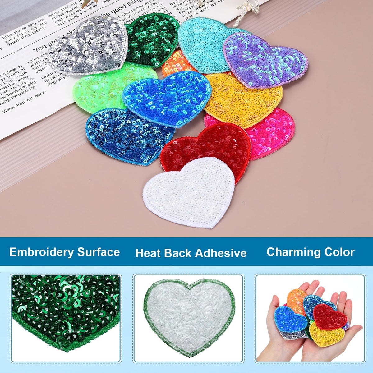 MECCANIXITY 12 Pcs Sequin Heart Iron on Patches, 2.7 x 2.4 Inch Embroidery Sequin Patches for Clothing Repair Backpack Shoes Decoration, Deep Green