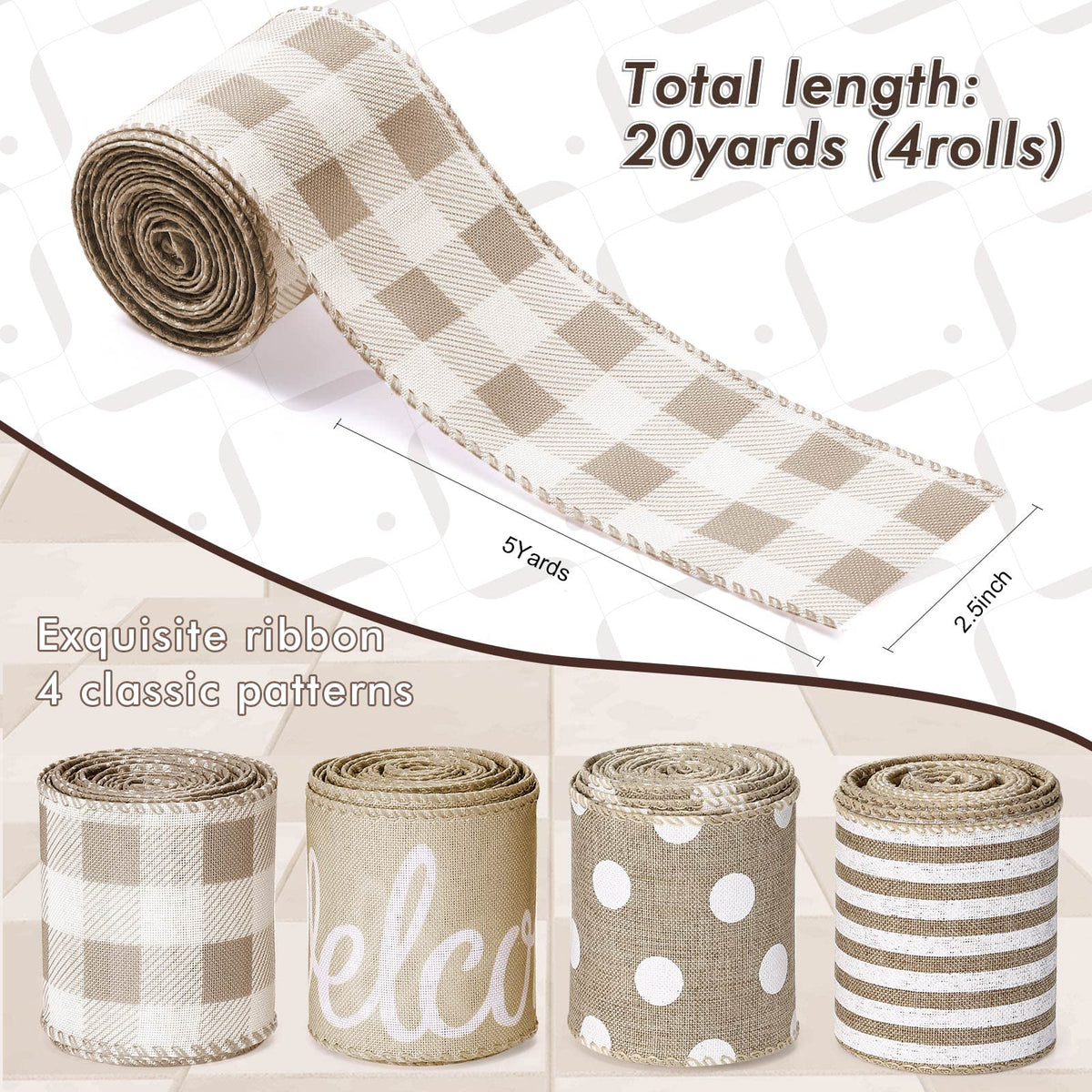 20 Yards Farmhouse Ribbon 4 Rolls Welcome Stripe Dot Buffalo Plaid Wired Ribbon Rustic Polyester for Summer Wreaths Assorted DIY Present Wrapping Floral Bow Craft Deco(Natural)