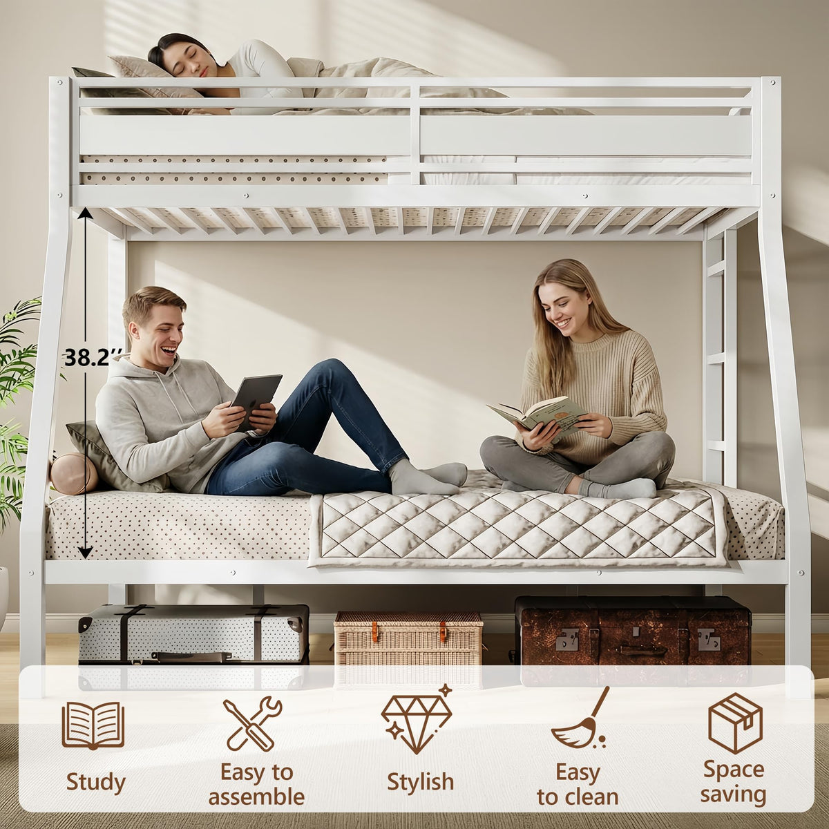 Feonase Bunk Beds Twin Over Full Size, Heavy Duty Metal Bunk Beds with Safety Guardrail & Ladders, Steel Loft Bed Frame for Teens and Adults, Apartment or Dorm, Noise Free & Easy Assembly, White