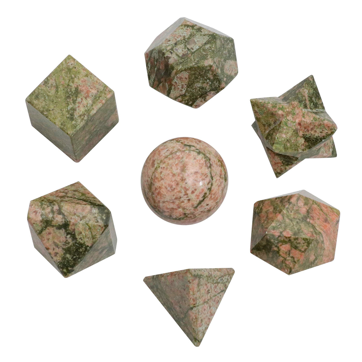 Crocon Unakite 7Pcs Platonic Solids Crystal Geometry Set, Platonic Solids Sacred Geometric Stones for Meditation Reiki Balancing Healing Chakra Stone Cleansing Spiritual Good Luck (15-20 mm)