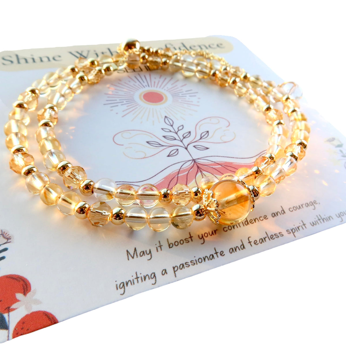 PSEEHEE Handmade Genuine Citrine Crystal Beads Double Layered 14k Gold Filled Wire Bracelet, Birthstone Chakra Healing Gemstone Crystal Adjustable Bangle Cuff Jewelry Gift for Women