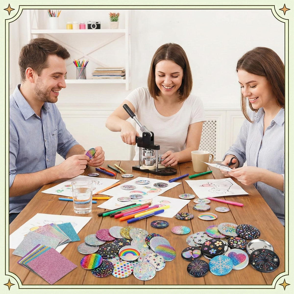 Quuztao 390PCS Button Making Supplies for Badge(2.76 in), 13 Styles of Holographic Glitter Film for 2.25 in Pin Maker Supplies