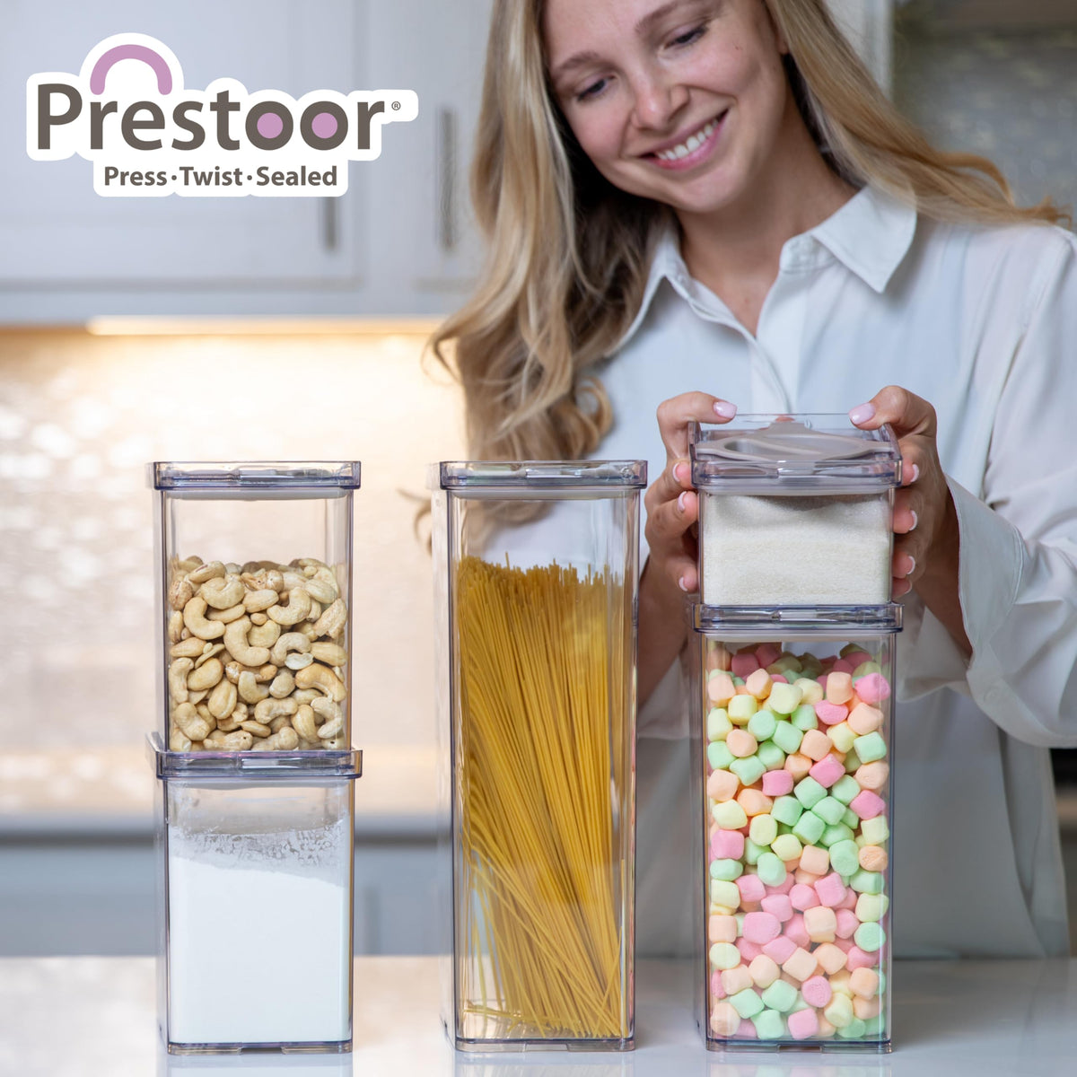 Prestoor 4-Pack Airtight Pantry Containers, 1.9 QT Clear SAN Food Storage Jars with Twist-Lock Lids, Detachable for Easy Cleaning, Stackable for Cereal, Pasta, Rice, Oats & Snacks White