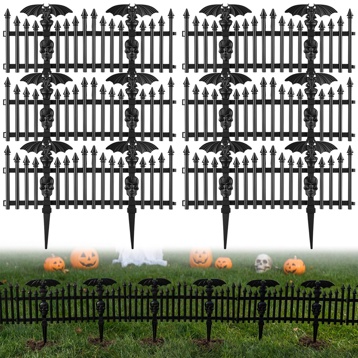 Sintuff 6 Pack Halloween Garden Fence Decoration, 18.5" x 12" Spooky Bat and Skull Decorative Plastic Fence Panel, Gothic Outdoor Yard Prop for Graveyard Scene Path Borders Haunted House Party Decor