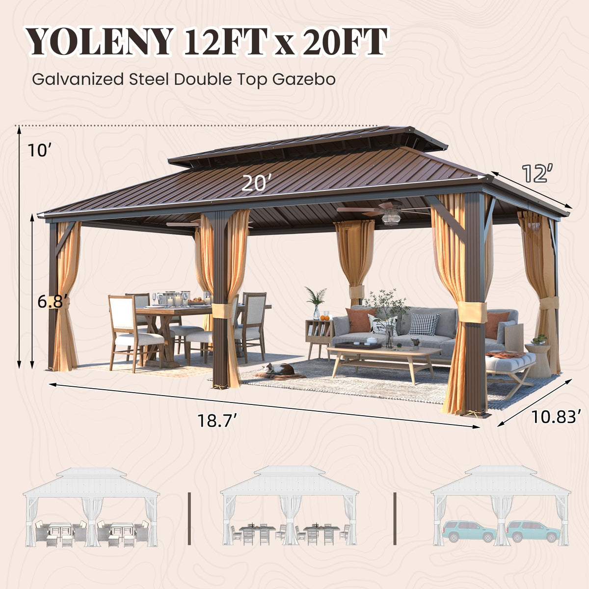 YOLENY 12' X 20' Hardtop Gazebo, Galvanized Steel Ventilation Double Roof Aluminum Frame, Curtains and Netting Included, Outdoor Gazebo for Garden, Patio, Lawns, Parties
