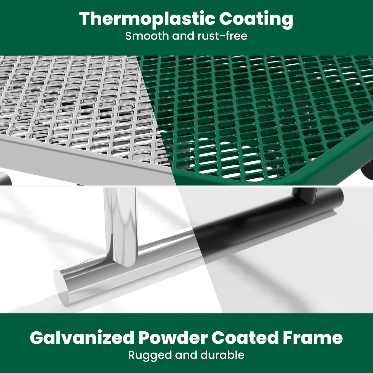 Sunnibety 4FT Metal Picnic Tables for Outdoors, Commercial Rectangular Picnic Table for Outside, Park, Campfield, Patio, Garden, Yard, Thermoplastic Coating, Surface Mounted, Green