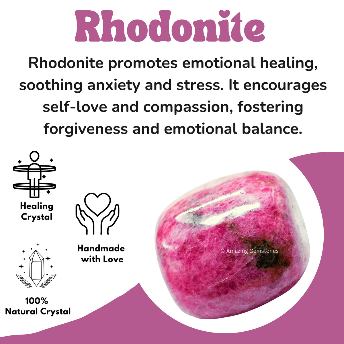 Rhodonite Crystals and Healing Stones Tumbled - 1 oz Rhodonite Stone Gem Stones, Natural Healing Stones for Energy Balance, Stress Relief - Premium Polished Gems Rocks for Meditation and Wellness