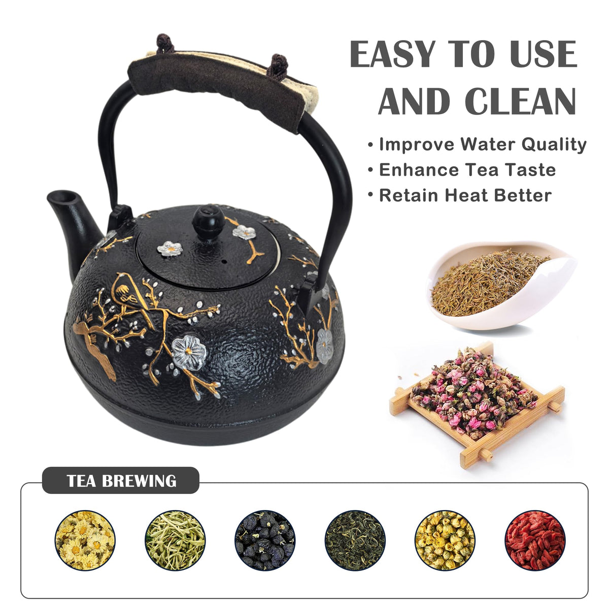 Cast Iron Teapot SECHUDO Teapot for Stovetop Safe Coated with Enameled Interior,Japanese Beautiful Tea Kettle with Stainless Steel Infuser for Loose Tea (60.9oz Plum Blossoms and Bird Pattern)